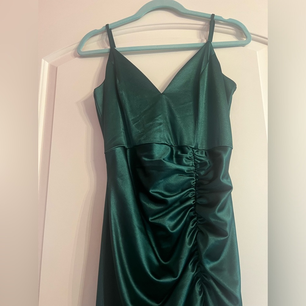 Honey & Rosie Green Evening Gown | Ruching, V Neck, Side Slit & Spaghetti Straps - Picture 6 of 11